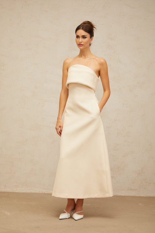 Maeve White Corset Style Midi Dress Terylene Fiber Sleeveless Foldover Top Fitted Waistline A-line Flared Skirt Rear Zip Fastening Mid-length Dress