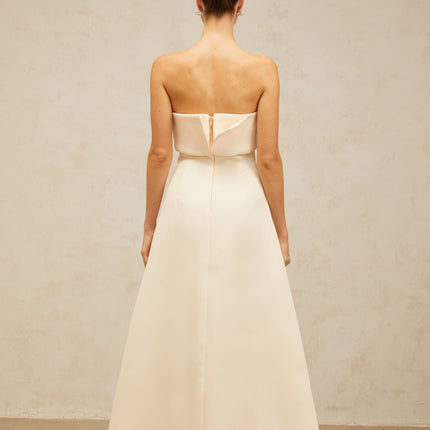 Maeve White Corset Style Midi Dress Terylene Fiber Sleeveless Foldover Top Fitted Waistline A-line Flared Skirt Rear Zip Fastening