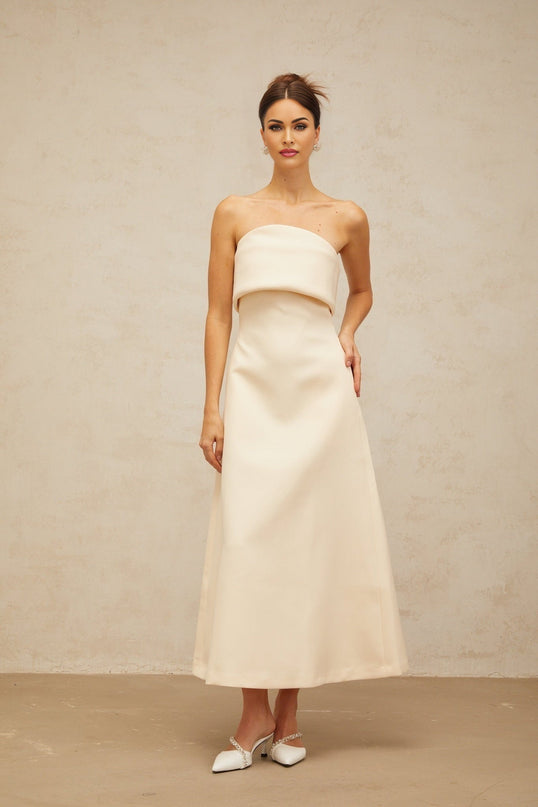 Maeve White Corset Style Midi Dress Terylene Fiber Sleeveless A-line Flared Skirt