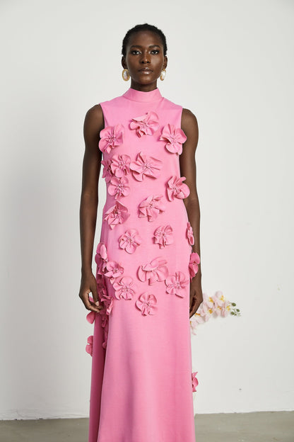 Magali bowtie fauxflower embellished sleeveless maxi dress in Pink