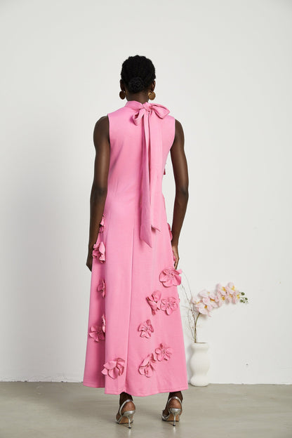 Magali bowtie fauxflower embellished sleeveless maxi dress in Pink