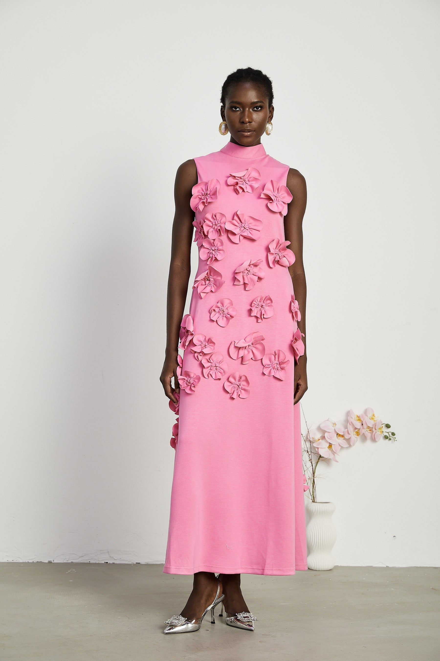 Magali bowtie fauxflower embellished sleeveless maxi dress in Pink