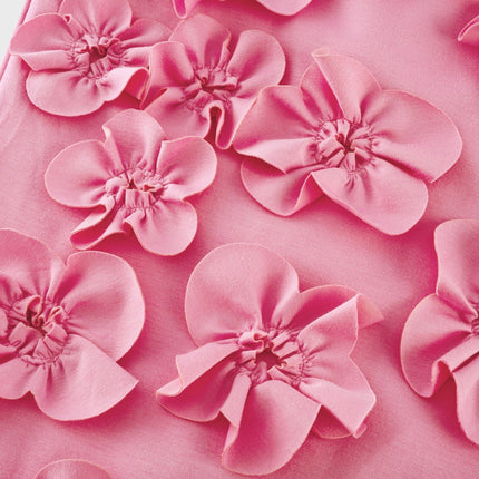 Magali Pink Sleeveless Maxi Dress with 3D floral appliqués and ruffled hem