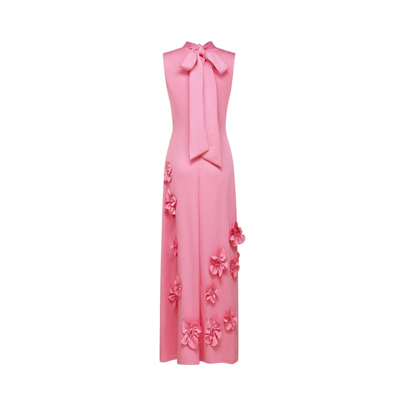 Magali Pink Sleeveless Maxi Dress with 3D Floral Appliqués and Bow-Tie Detail