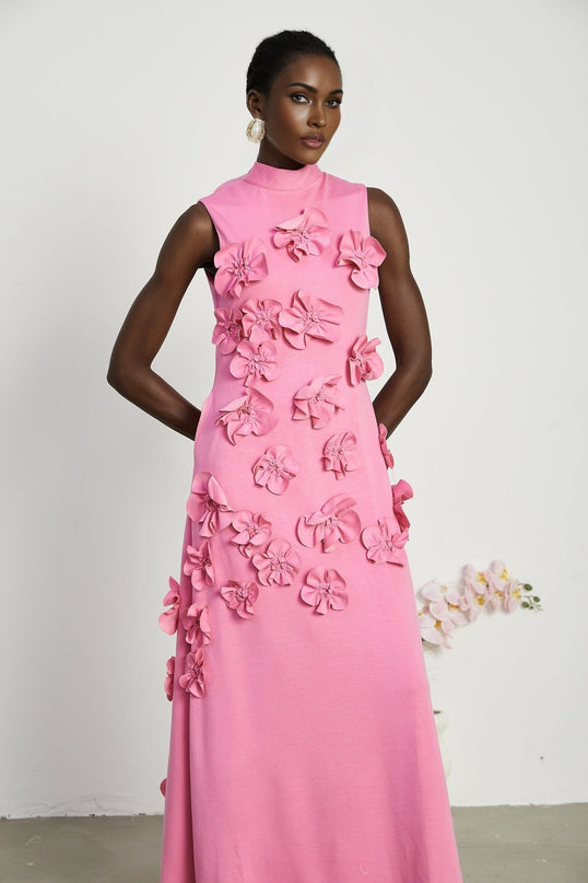 Magali Pink Sleeveless Maxi Dress with 3D Floral Appliqués and Bow-Tie Detail
