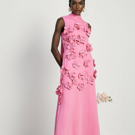 Magali Pink Sleeveless Maxi Dress with 3D Floral Appliqués and Bow-Tie Detail