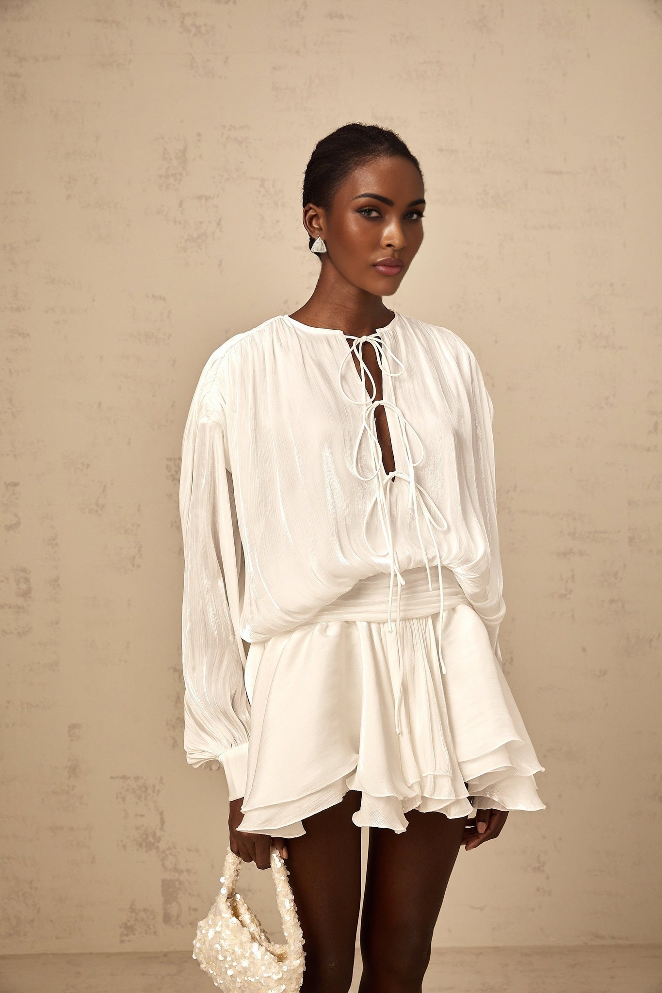 Mahault white pleated glittereffect mini dress