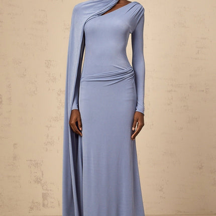 Maia Blue Maxi Dress with Diagonal Shawl Design and Ruched Detailing