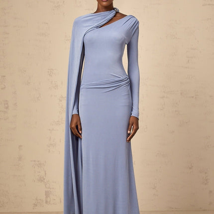 Maia Blue Maxi Dress with Diagonal Shawl Design and Ruched Detailing