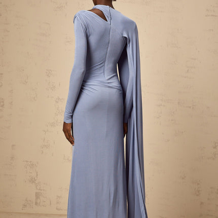 Maia Blue Maxi Dress with Diagonal Shawl Design and Ruched Detailing