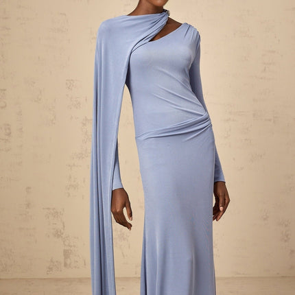Maia Blue Maxi Dress with Diagonal Shawl Design and Ruched Detailing