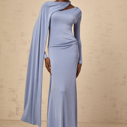 Maia Blue Maxi Dress with Diagonal Shawl Design and Ruched Detailing