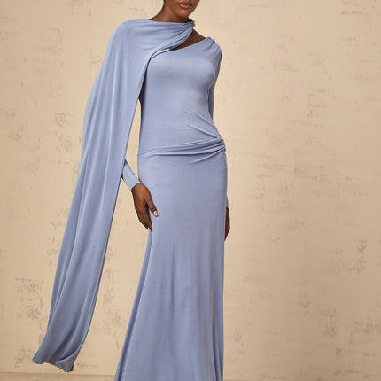 Maia Blue Maxi Dress with Diagonal Shawl Design and Ruched Detailing