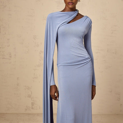 Maia Blue Maxi Dress with Diagonal Shawl Design and Ruched Detailing