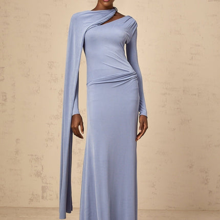 Maia Blue Maxi Dress with Diagonal Shawl Design and Ruched Detailing
