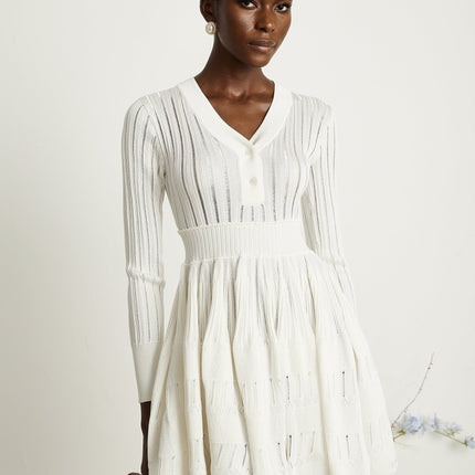 Maia White V-Neck Ribbed Knit Midi Dress with Front Button Fastening