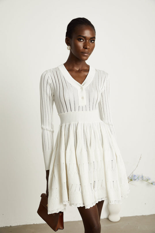 Maia White V-Neck Ribbed Knit Midi Dress with Front Button Fastening