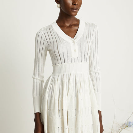 Maia White Pointelle Knit Stretch Jersey V-Neck Midi Dress with Front Button Fastening and Long Sleeves