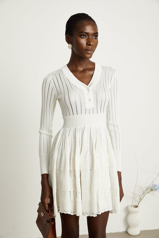 Maia White Pointelle Knit Stretch Jersey V-Neck Midi Dress with Front Button Fastening and Long Sleeves