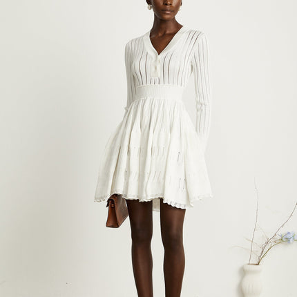 Maia White Pointelle Knit Stretch Jersey V-Neck Midi Dress with Front Button Fastening and Ribbed Knit Texture