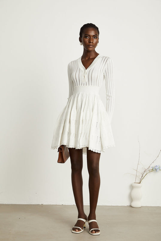 Maia White Pointelle Knit Stretch Jersey V-Neck Midi Dress with Front Button Fastening and Ribbed Knit Texture