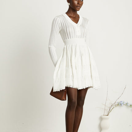 Maia White Pointelle Knit Midi Dress V-Neck Button Front Long Sleeve Ribbed Texture 97% Viscose 3% Polyamide