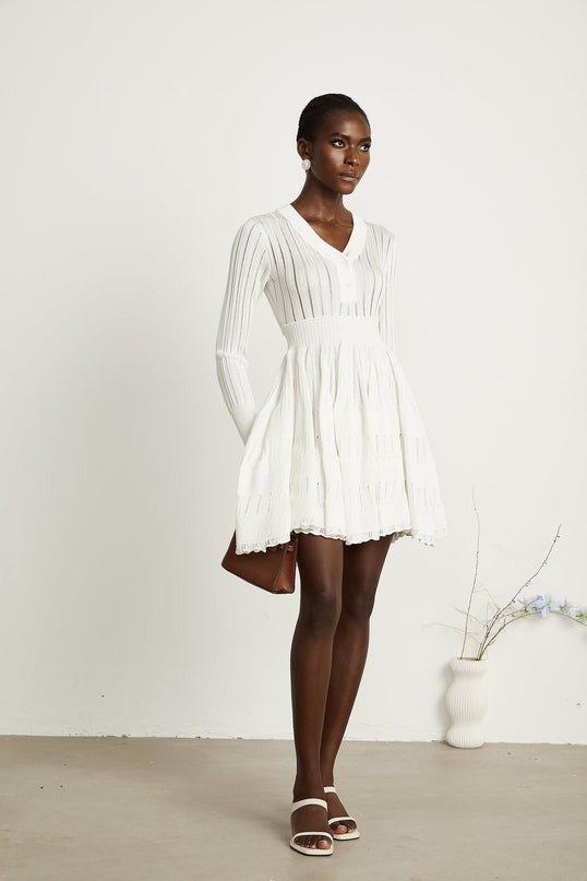 Maia White Pointelle Knit Midi Dress V-Neck Button Front Long Sleeve Ribbed Texture 97% Viscose 3% Polyamide