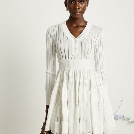 Maia White Pointelle Knit Stretch Jersey V-Neck Midi Dress