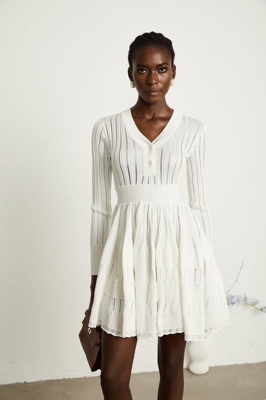 Maia White Pointelle Knit Stretch Jersey V-Neck Midi Dress
