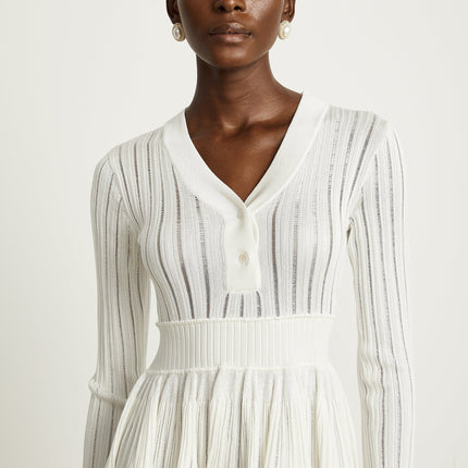 Maia White Pointelle Knit Stretch Jersey V-Neck Midi Dress with Ribbed Texture and Front Button Fastening