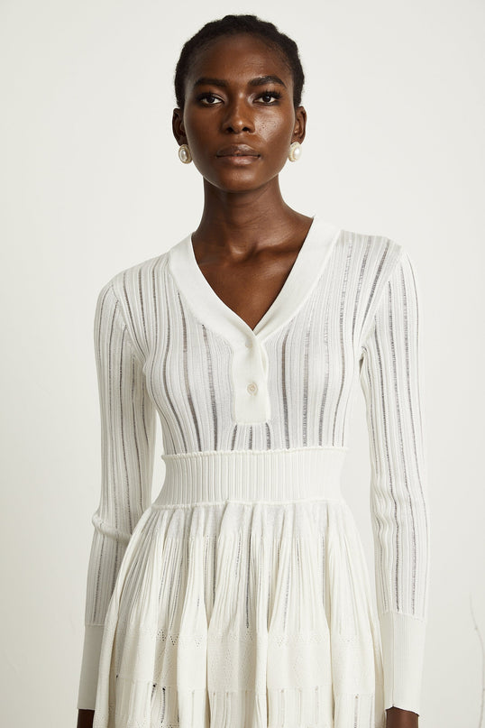 Maia White Pointelle Knit Stretch Jersey V-Neck Midi Dress with Ribbed Texture and Front Button Fastening