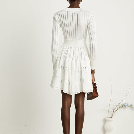 Maia White Pointelle Knit Midi Dress V-neck Ribbed Texture Button Fastening Long Sleeves