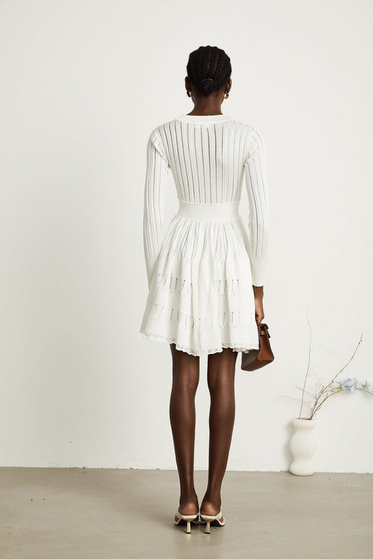 Maia White Pointelle Knit Midi Dress V-neck Ribbed Texture Button Fastening Long Sleeves
