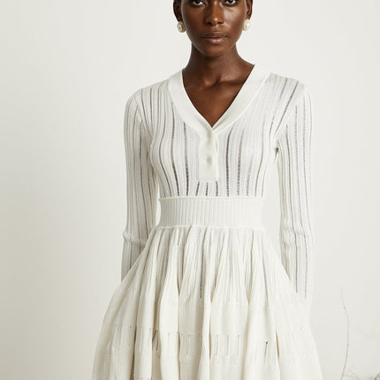 Maia White Pointelle Knit Midi Dress V-Neck Ribbed Texture Button Fastening Long Sleeves