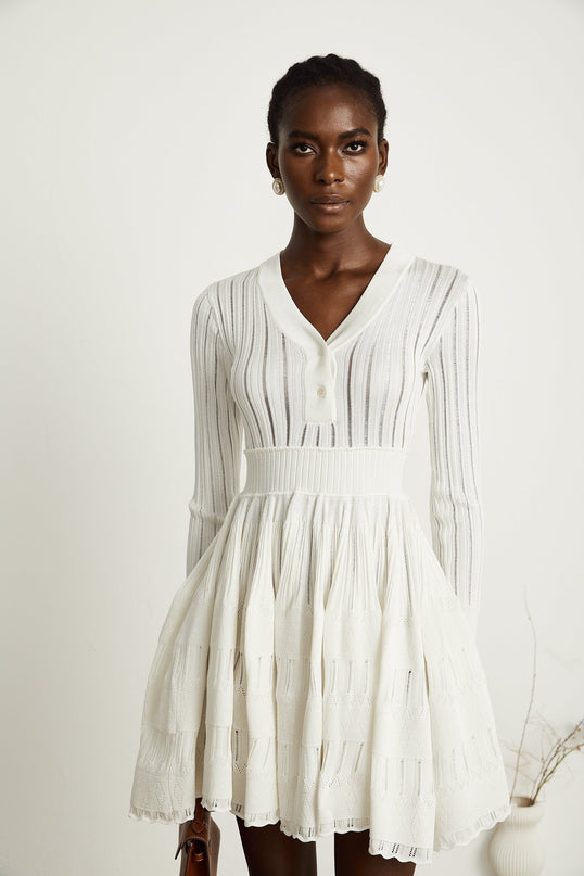 Maia White Pointelle Knit Midi Dress V-Neck Ribbed Texture Button Fastening Long Sleeves