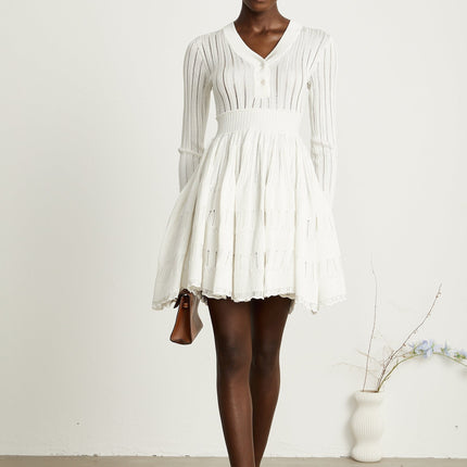 Maia White Pointelle Knit Midi Dress V-Neck Ribbed Texture Button Fastening Long Sleeves
