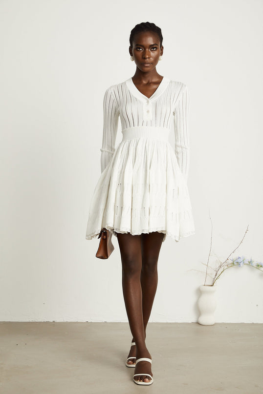 Maia White Pointelle Knit Midi Dress V-Neck Ribbed Texture Button Fastening Long Sleeves