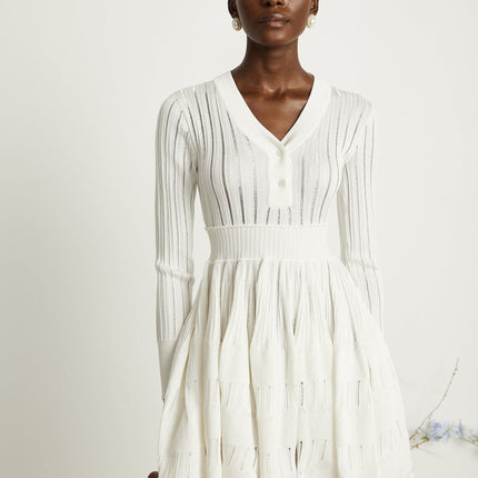 Maia White Pointelle Knit Midi Dress V-Neck Ribbed Texture Button Fastening Long Sleeves 97% Viscose 3% Polyamide