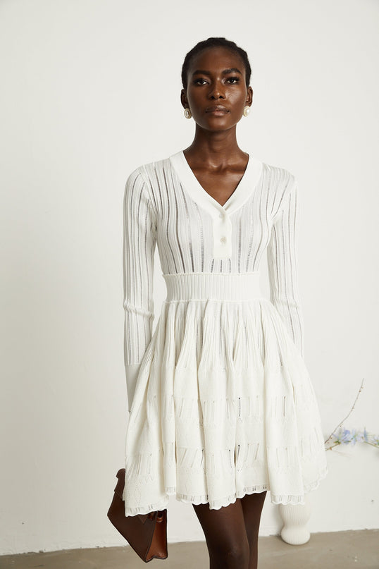 Maia White Pointelle Knit Midi Dress V-Neck Ribbed Texture Button Fastening Long Sleeves 97% Viscose 3% Polyamide
