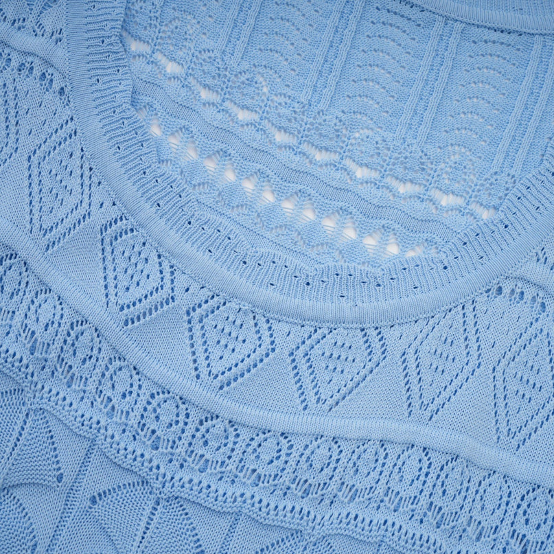 Mailys blue midi dress with crochet knit design and ruffled trim details