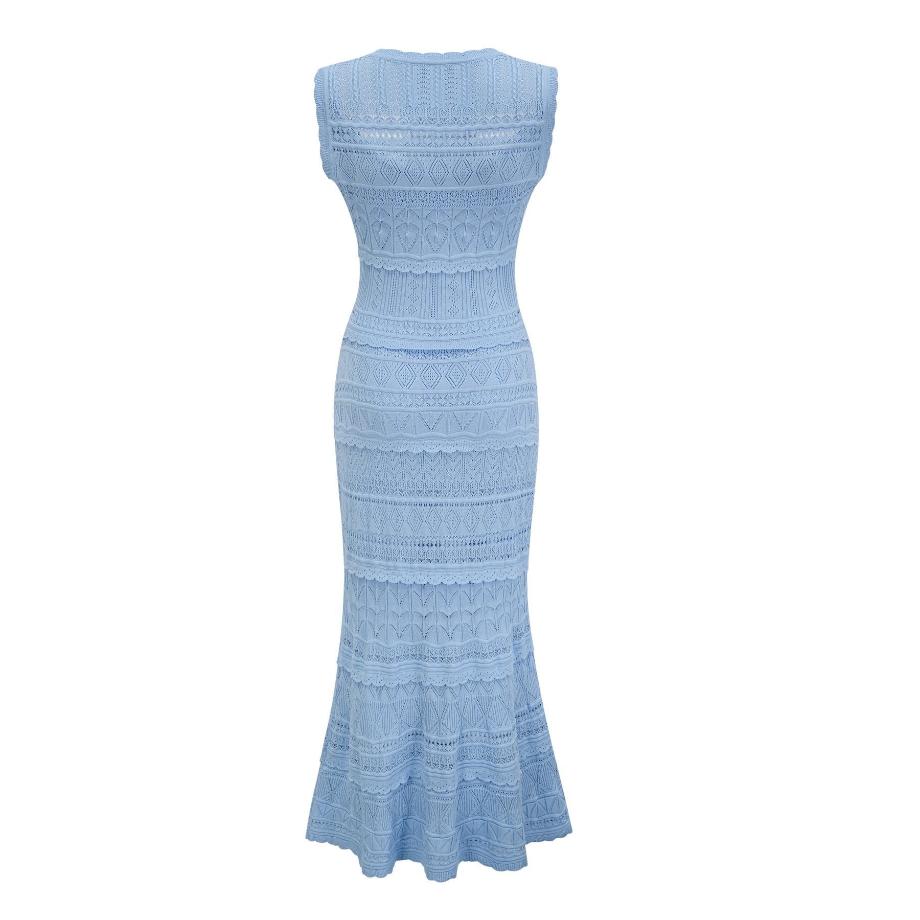 Mailys blue midi dress with ruffled trim and crochet knit pattern