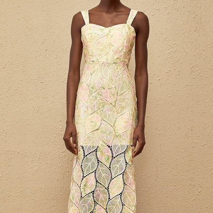 Maisie Maxi Dress in Neutrals Leaf Appliqué Floral Print Sweetheart Neckline Cut-Out Design Fitted Waistline Wide Straps Rear Zip Fastening Sleeveless Terylene Fiber Composition