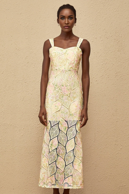 Maisie Maxi Dress in Neutrals Leaf Appliqué Floral Print Sweetheart Neckline Cut-Out Design Fitted Waistline Wide Straps Rear Zip Fastening Sleeveless Terylene Fiber Composition