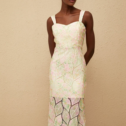Maisie Maxi Dress in Neutrals Leaf Appliqué Floral Print Sweetheart Neckline Cut-Out Design Fitted Waistline Wide Straps Rear Zip Fastening Sleeveless 100% Terylene Fiber Composition