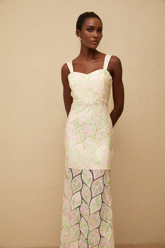 Maisie Maxi Dress in Neutrals Leaf Appliqué Floral Print Sweetheart Neckline Cut-Out Design Fitted Waistline Wide Straps Rear Zip Fastening Sleeveless 100% Terylene Fiber Composition