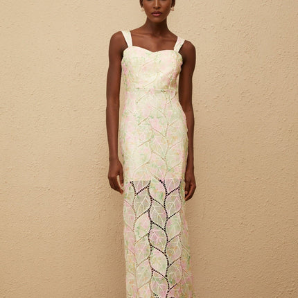 Maisie Maxi Dress in Neutrals Leaf Appliqué Floral Print Sweetheart Neckline Cut-Out Design Fitted Waistline Wide Straps Rear Zip Fastening Sleeveless 100% Terylene Fiber Composition