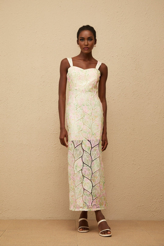 Maisie Maxi Dress in Neutrals Leaf Appliqué Floral Print Sweetheart Neckline Cut-Out Design Fitted Waistline Wide Straps Rear Zip Fastening Sleeveless 100% Terylene Fiber Composition