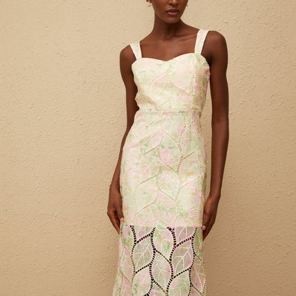 Maisie Maxi Dress in Neutrals Leaf Appliqué Floral Print Sweetheart Neckline Cut-Out Design Fitted Waistline Wide Straps Rear Zip Fastening Sleeveless 100% Terylene Fiber Composition