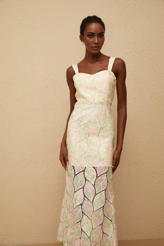 Maisie Maxi Dress in Neutrals Leaf Appliqué Floral Print Sweetheart Neckline Cut-Out Design Fitted Waistline Wide Straps Rear Zip Fastening Sleeveless 100% Terylene Fiber Composition