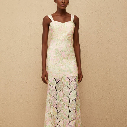 Maisie Maxi Dress in Neutrals Leaf Appliqué Floral Print Sweetheart Neckline Cut-Out Design Fitted Waistline Wide Straps Rear Zip Fastening Sleeveless 100% Terylene Fiber Composition
